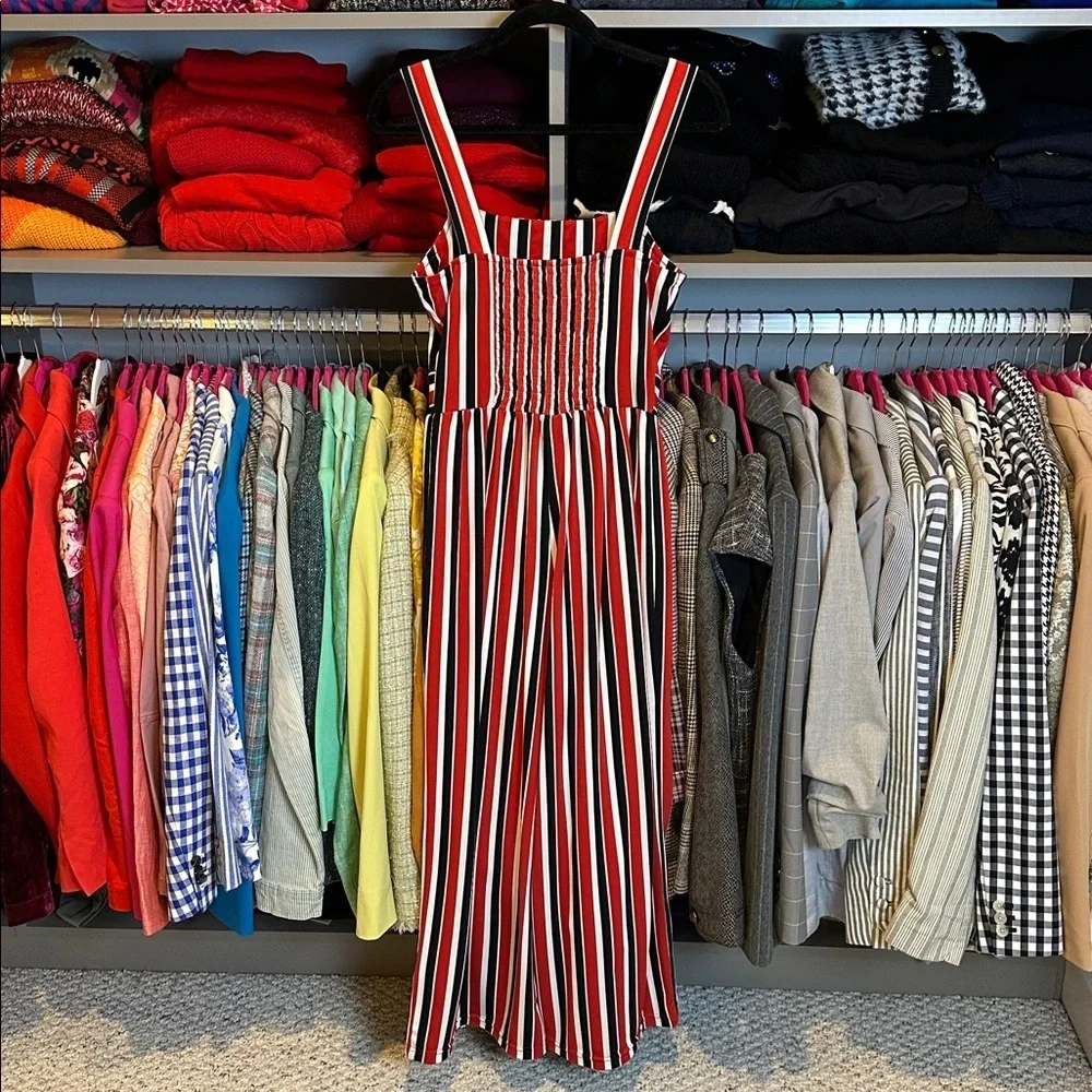 Express red/black/white striped sleeveless back smocked jumpsuit size S - Picture 3 of 3